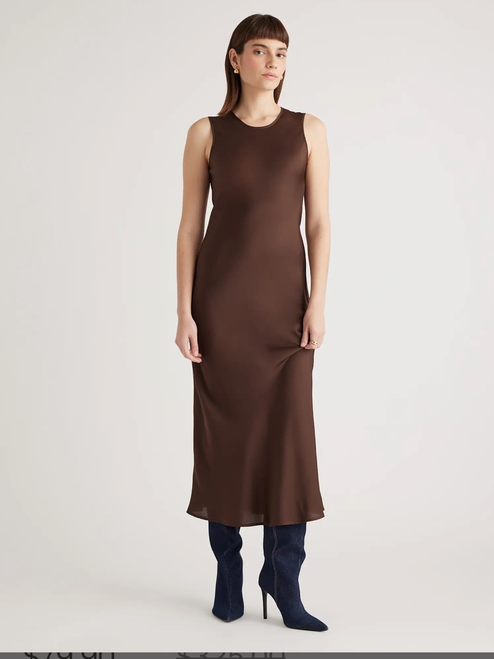 Quince Washable Stretch Silk Tank Midi Dress Brown Hot Fudge XL